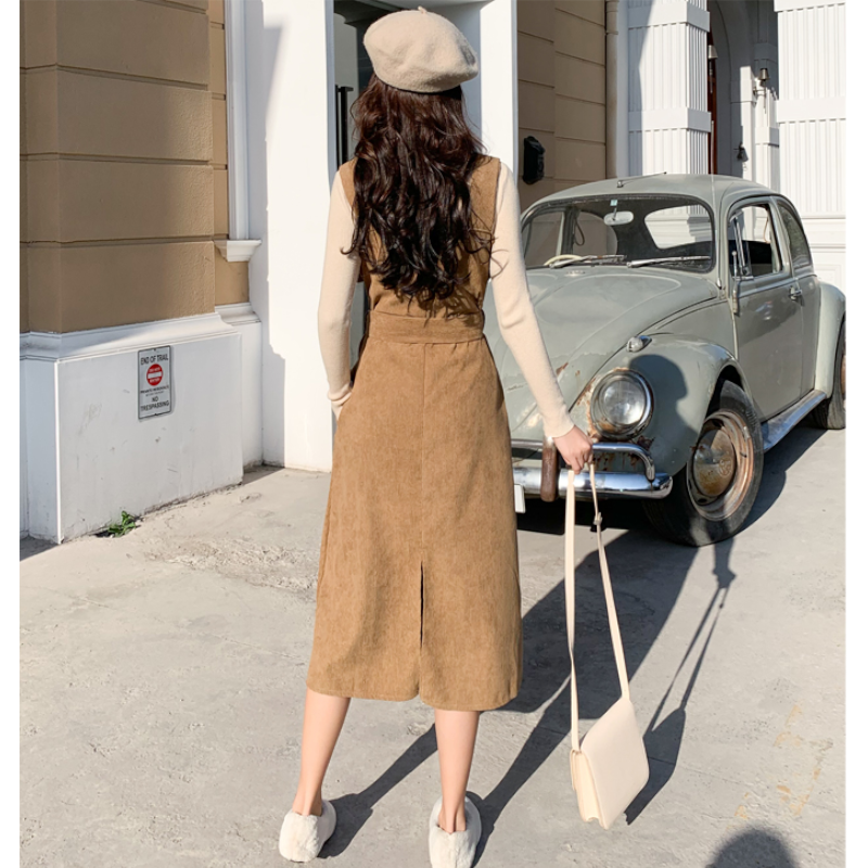 ボトルネックリブニット×コーデュロイサロペットワンピース(2colors)