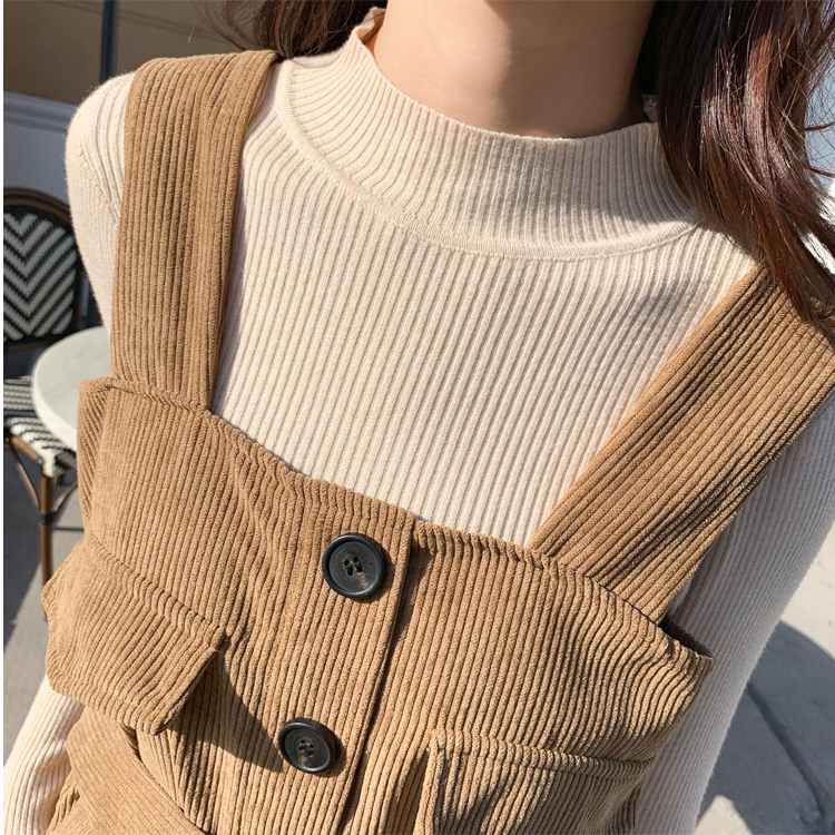 ボトルネックリブニット×コーデュロイサロペットワンピース(2colors)