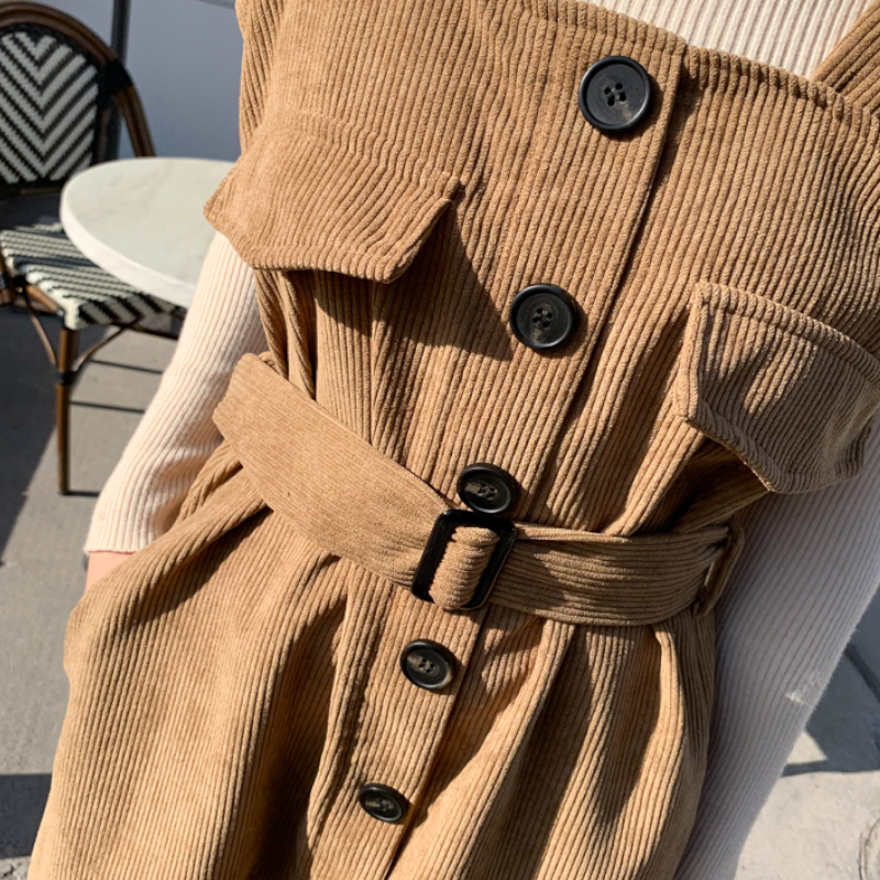 ボトルネックリブニット×コーデュロイサロペットワンピース(2colors)