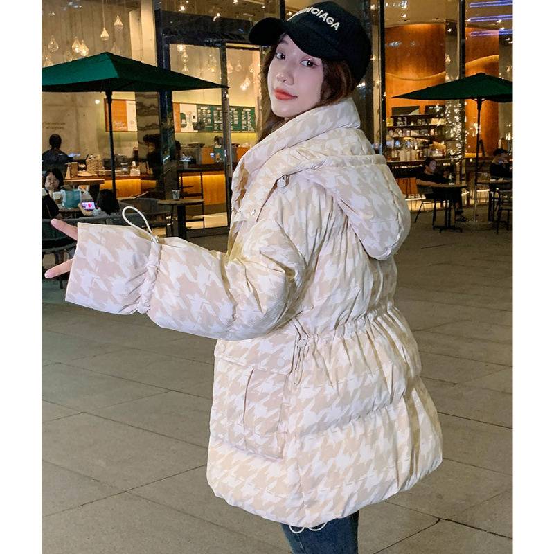 千鳥格子柄フーディードローストリングダウンジャケット