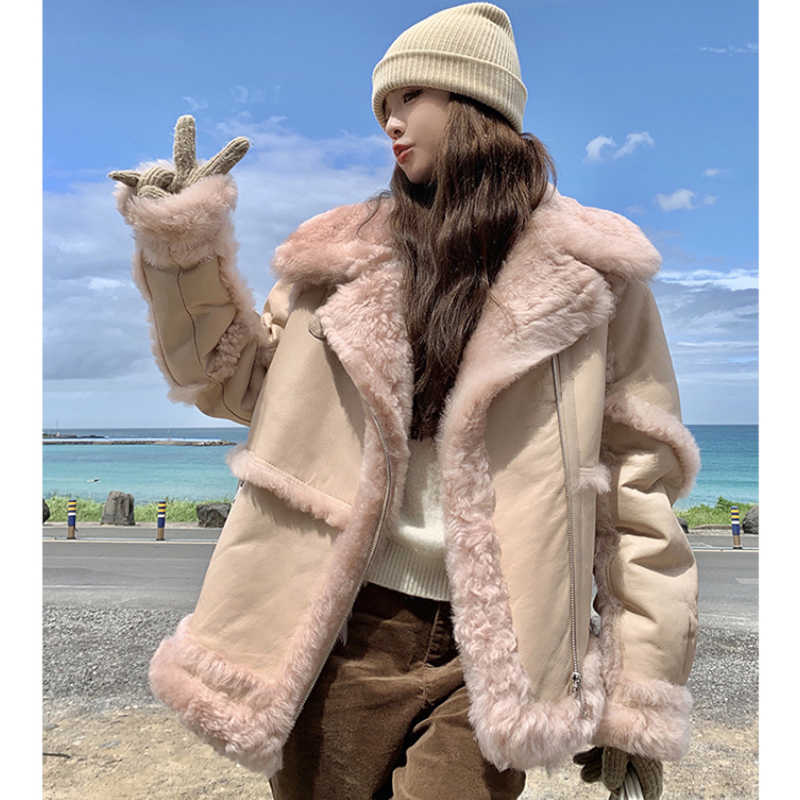 素材リアルファームートン　毛皮　可愛い　ジャケットコート　ピンク　ファーコート