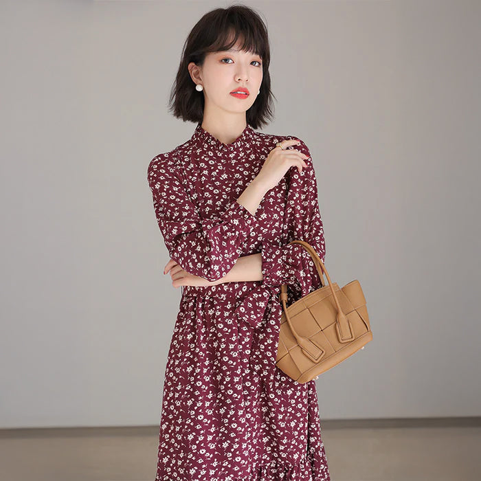 小花柄スタンドカラーワンピース(2colors) (赤・茶) 秋/冬/春 上品で