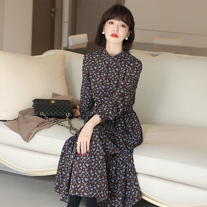 小花柄スタンドカラーワンピース(2colors) (赤・茶) 秋/冬/春 上品で