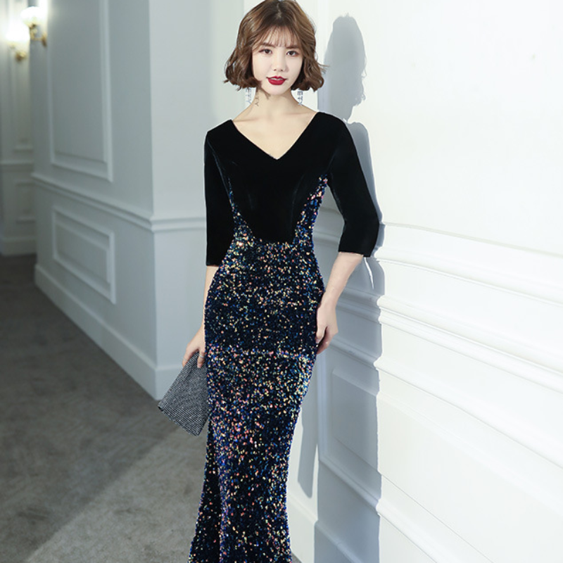 スパンコール切り替えマーメイドドレス(2colors)