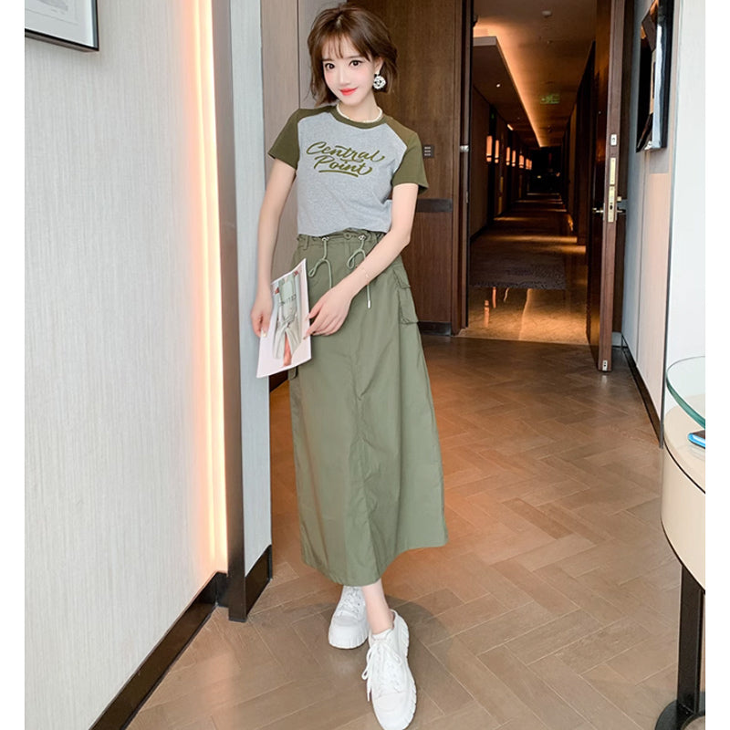 ラグランロゴTシャツ×ロングカーゴスカート【上下別売り可】