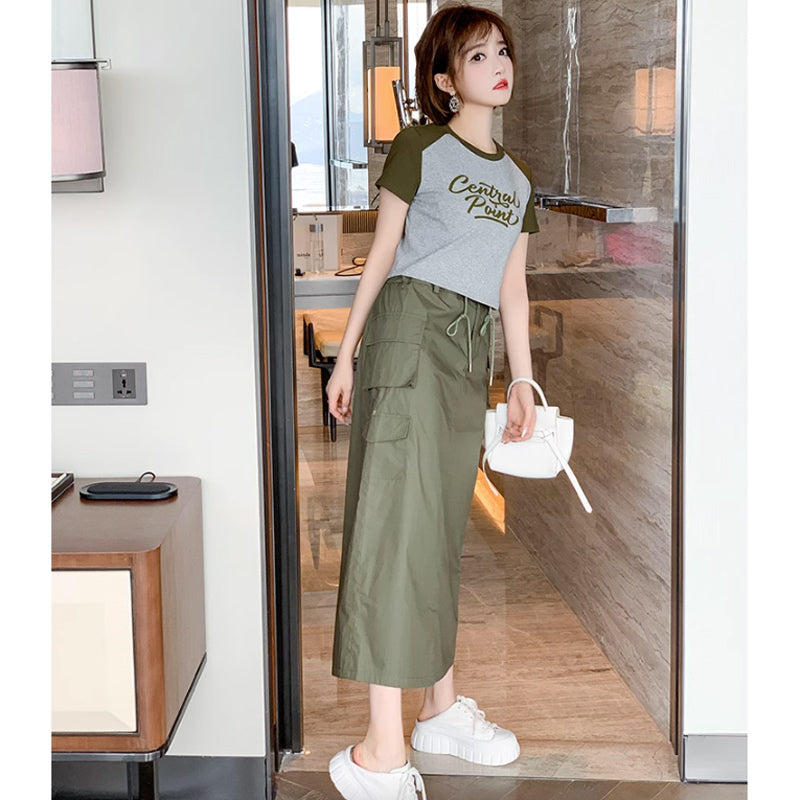 ラグランロゴTシャツ×ロングカーゴスカート【上下別売り可】