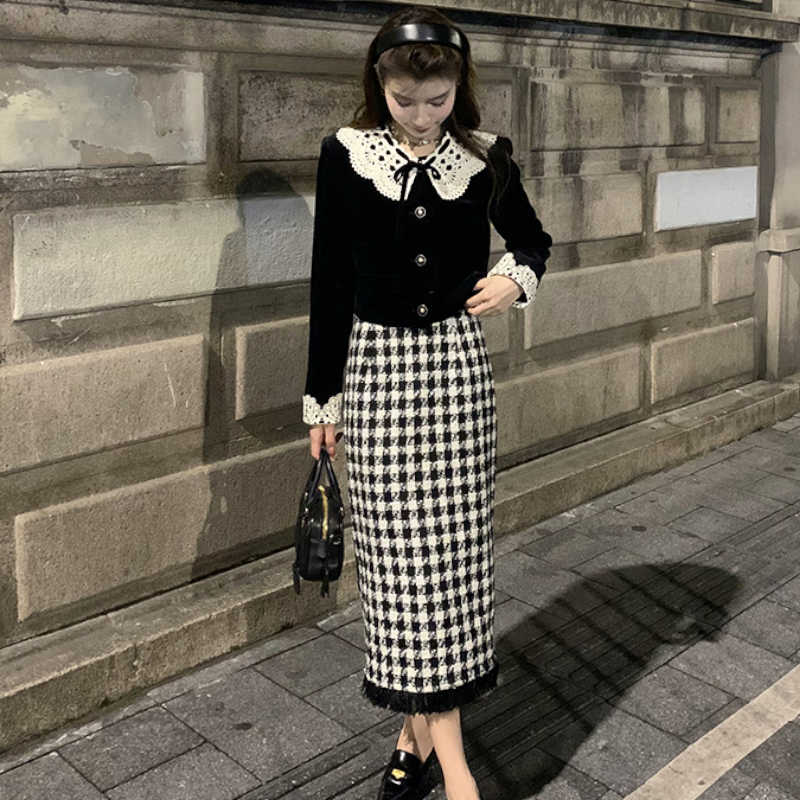 レースカラークロップドベロアジャケット×千鳥格子ナロースカート