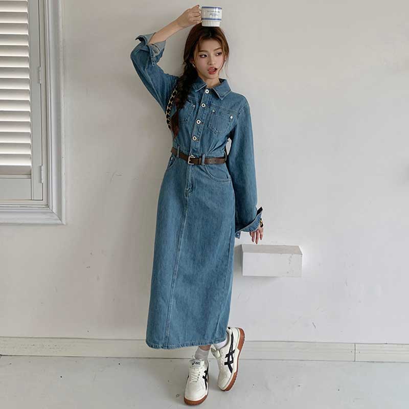 ベルト付きフロントボタンデニムワンピース