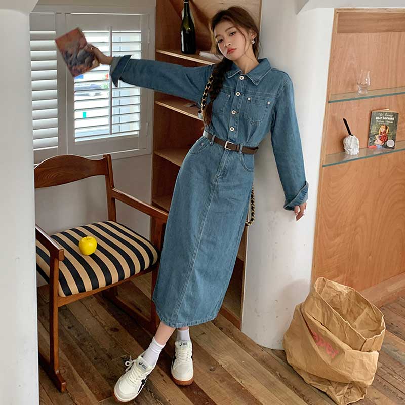 ベルト付きフロントボタンデニムワンピース