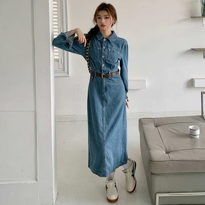 ベルト付きフロントボタンデニムワンピース
