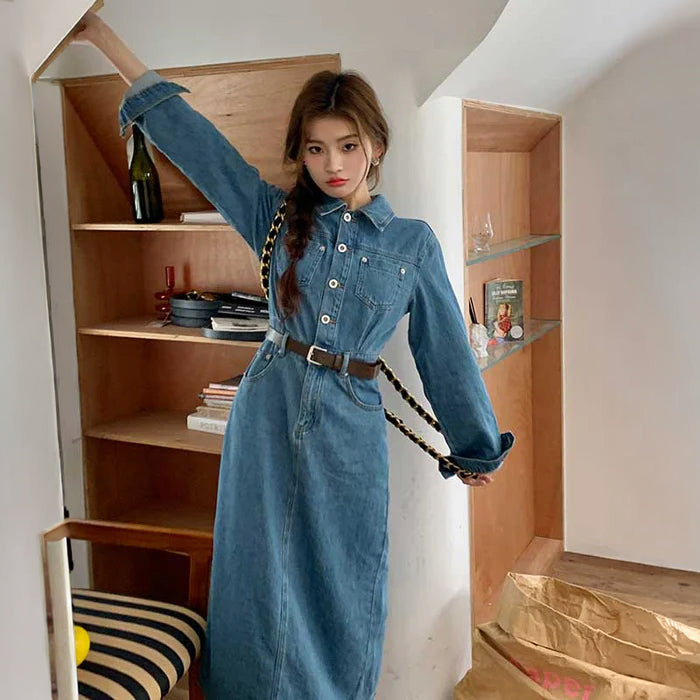 ベルト付きフロントボタンデニムワンピース
