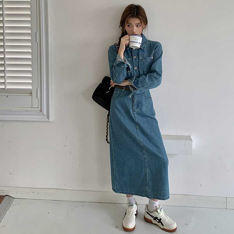 ベルト付きフロントボタンデニムワンピース（青）春/夏 定番のデニムワンピ
