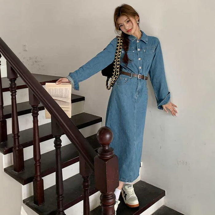 ベルト付きフロントボタンデニムワンピース