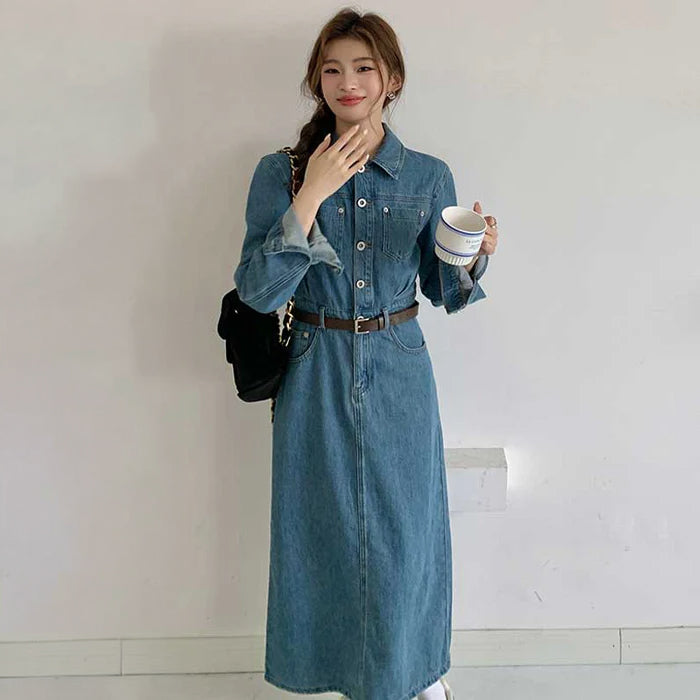 ベルト付きフロントボタンデニムワンピース