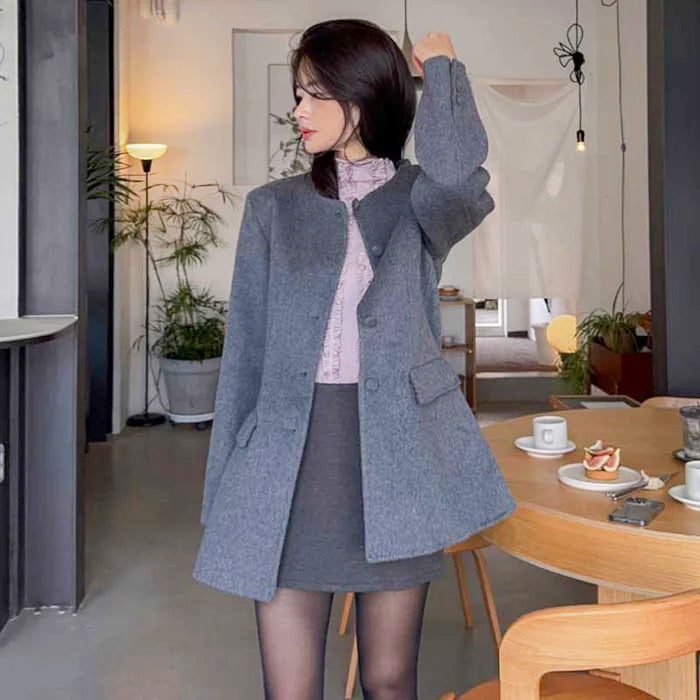 ノーカラーペプラムコート(2colors)