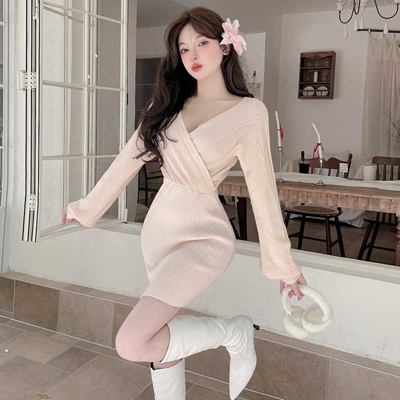 ボリューム袖ケーブルニットワンピース(5colors)