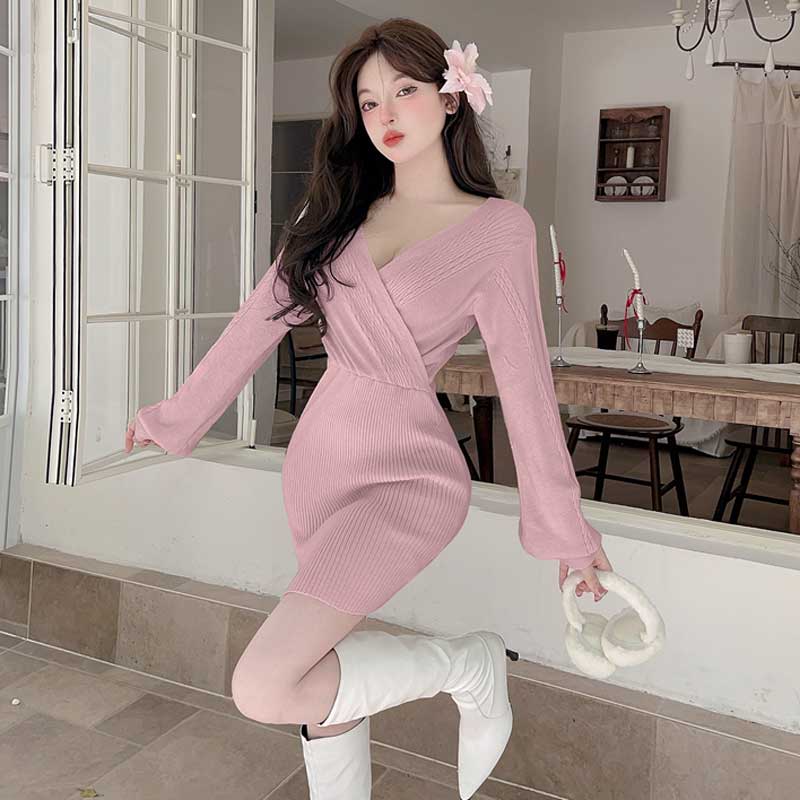 ボリューム袖ケーブルニットワンピース(5colors)