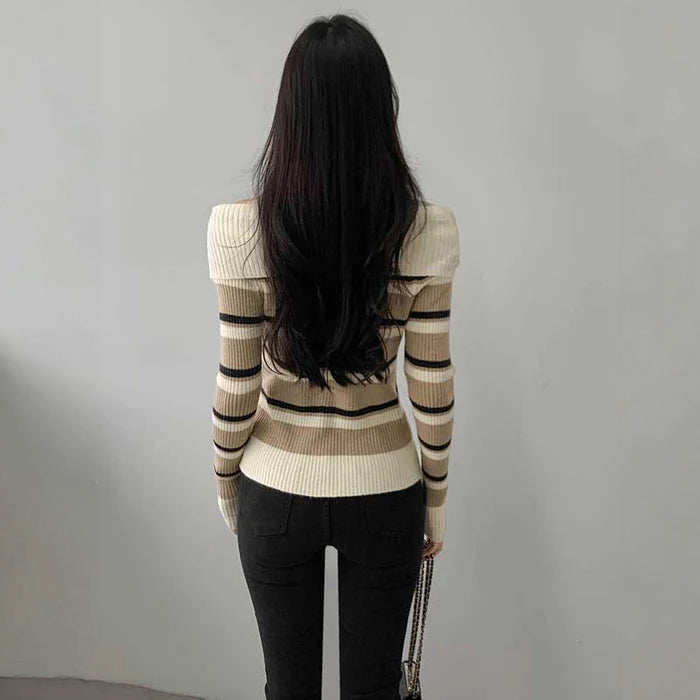 オフショルダーアシメボーダーニット(3colors)