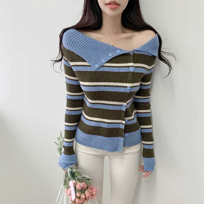 オフショルダーアシメボーダーニット(3colors)