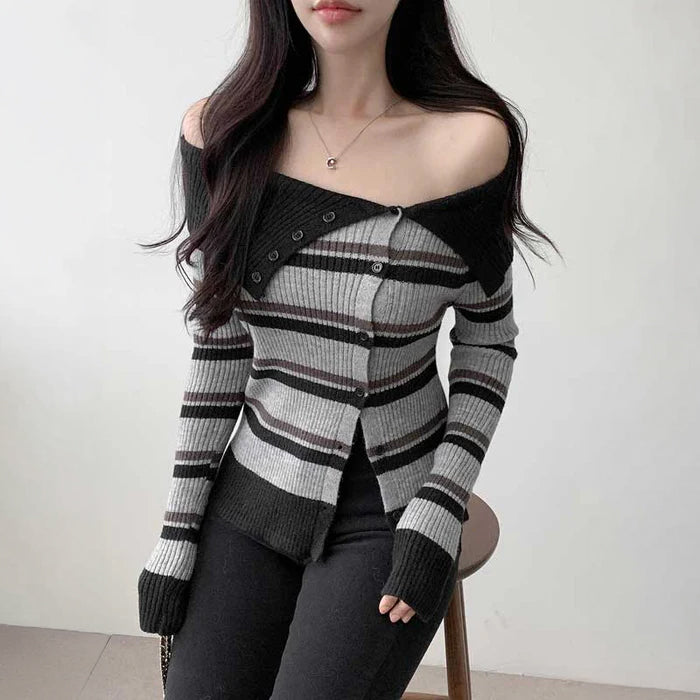 オフショルダーアシメボーダーニット(3colors)