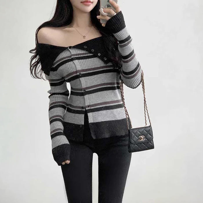 オフショルダーアシメボーダーニット(3colors)