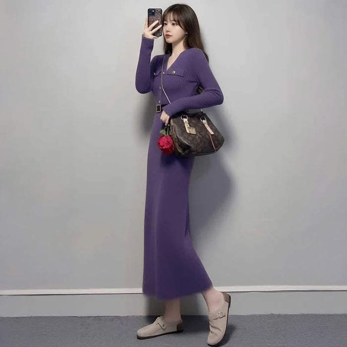 Vネックタイトニットワンピース