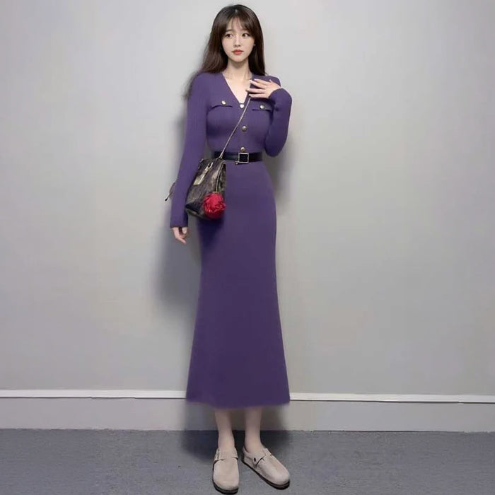 Vネックタイトニットワンピース