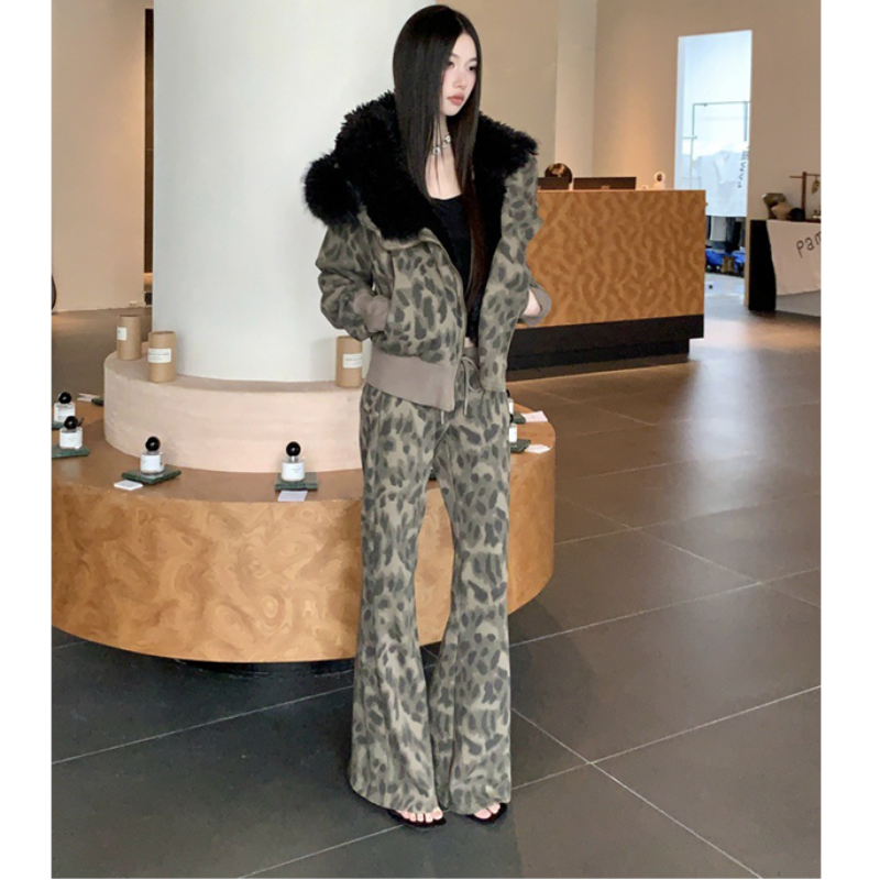 レオパードスウェットファーパーカー×パンツセット