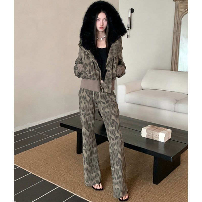 レオパードスウェットファーパーカー×パンツセット