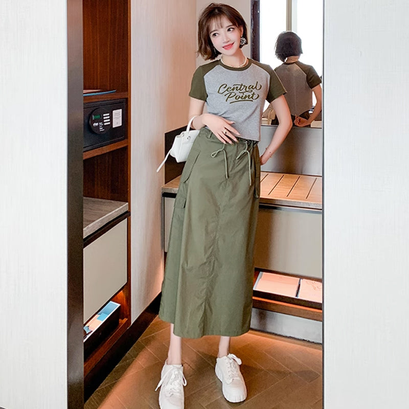 ラグランロゴTシャツ×ロングカーゴスカート【上下別売り可】