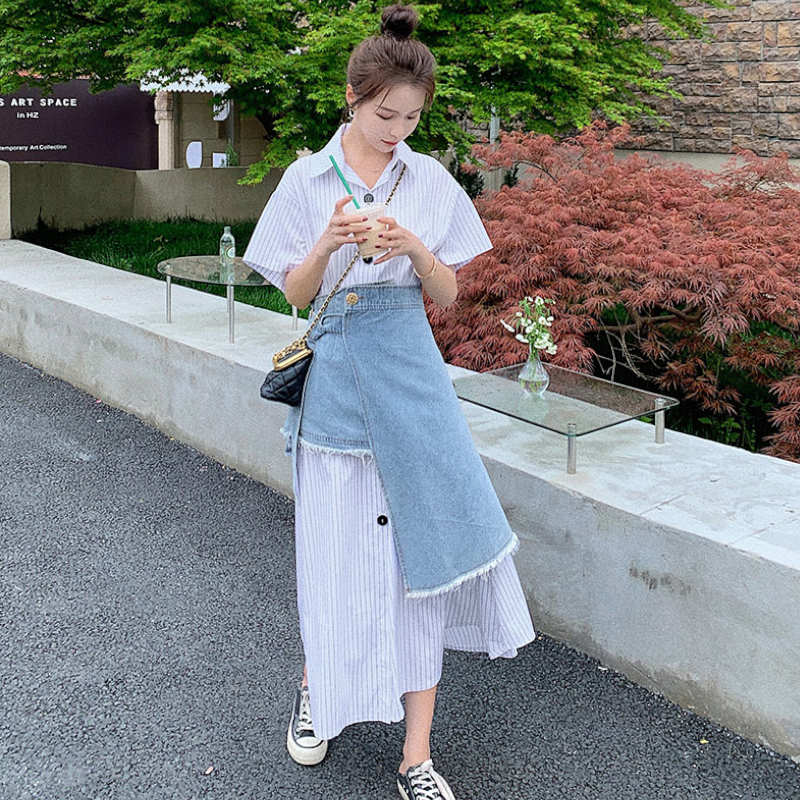 ストライプマキシシャツワンピース×アシメデニムラップスカート