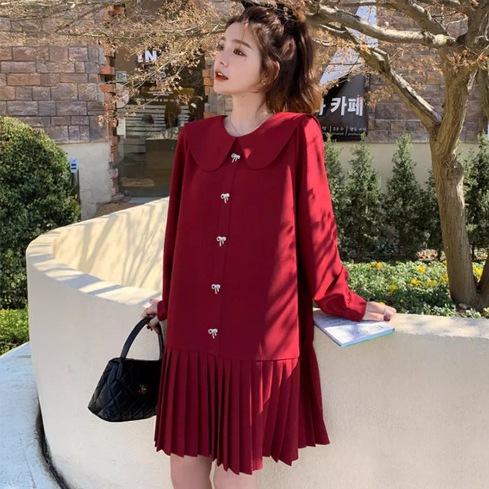 プリーツスカートラウンドカラーワンピース(2colors)