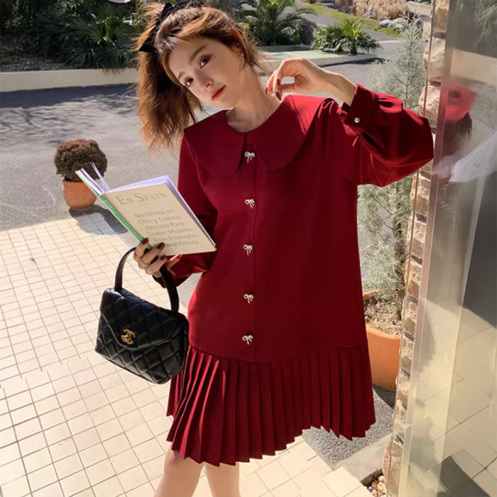 プリーツスカートラウンドカラーワンピース(2colors)