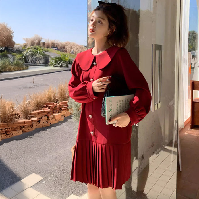 プリーツスカートラウンドカラーワンピース(2colors)