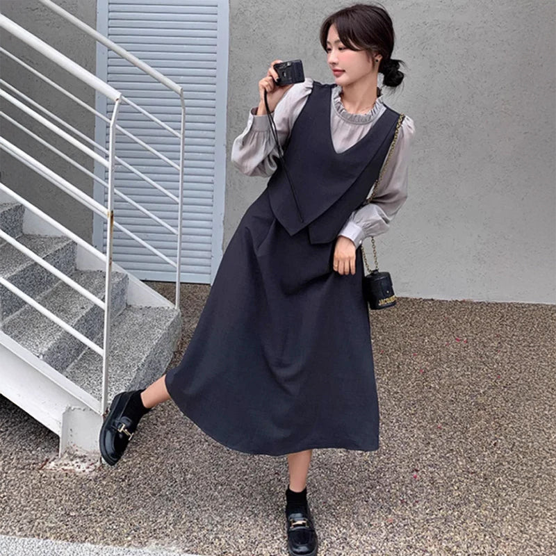 フリルネックフェイクツーピースレイヤード風ワンピース(2colors)