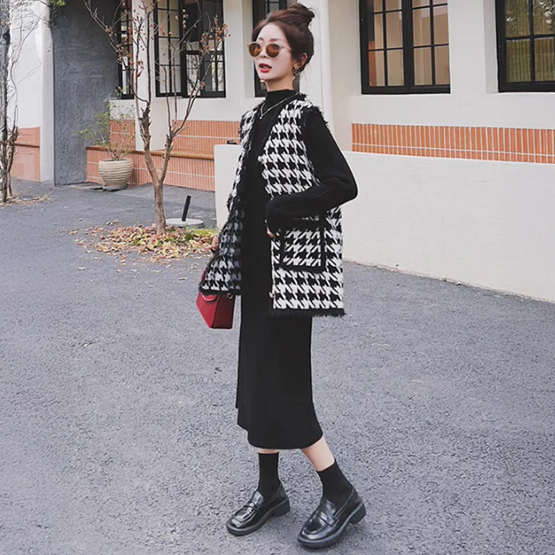 千鳥柄ベスト×リブニットワンピース