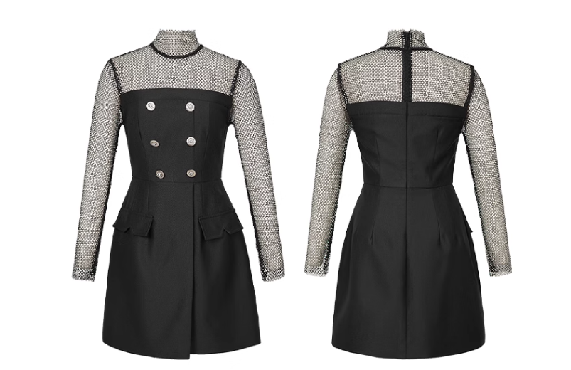 パールメッシュフロントボタンスリットミニワンピース シックな パールメッシュフロントボタンスリットミニワンピース シックな