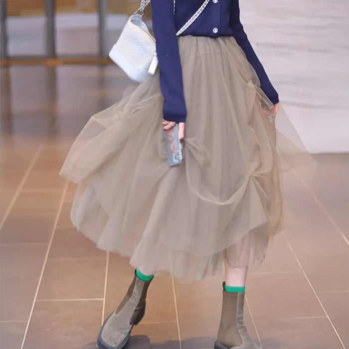 リブニットカーディガン×チュールスカート