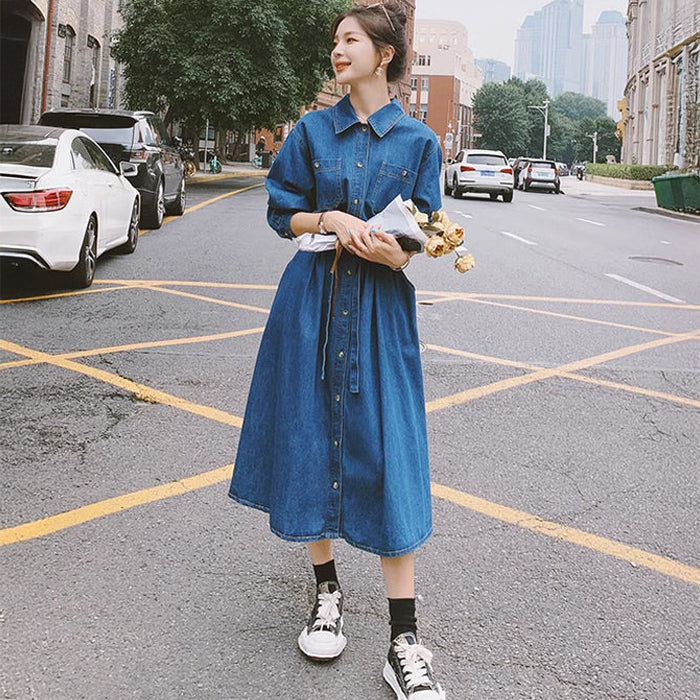 Aラインデニムシャツワンピース