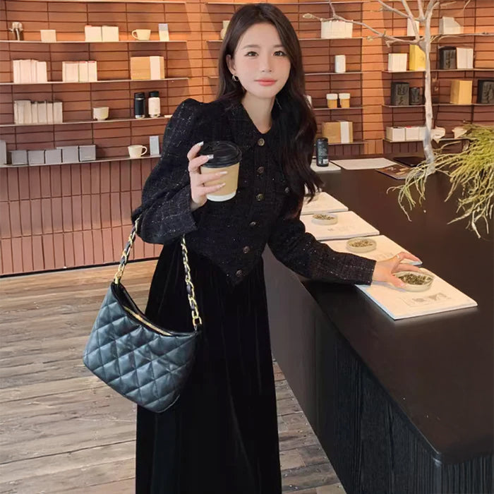 ツイード切替ブラックワンピース