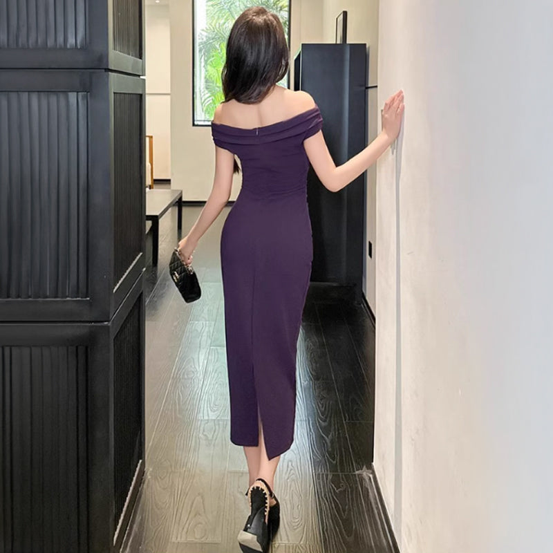 オフショルダータイトワンピース（紫）セクシーなオフショルデザイン