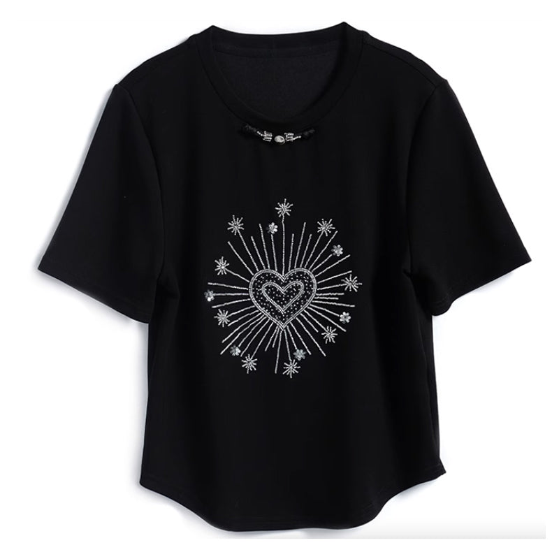 ハートビーズTシャツ(2colors)（黒・白）春/夏 1枚でインパクトのある着こなし