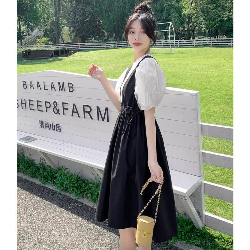 バルーン袖ブラウス×Vネックジャンパースカート（白・黒）春/夏 大人