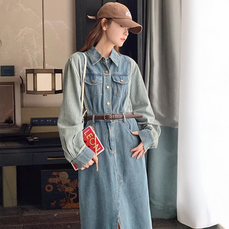 ストライプ切り替えデニムワンピース（青）秋 ポイントストライプで