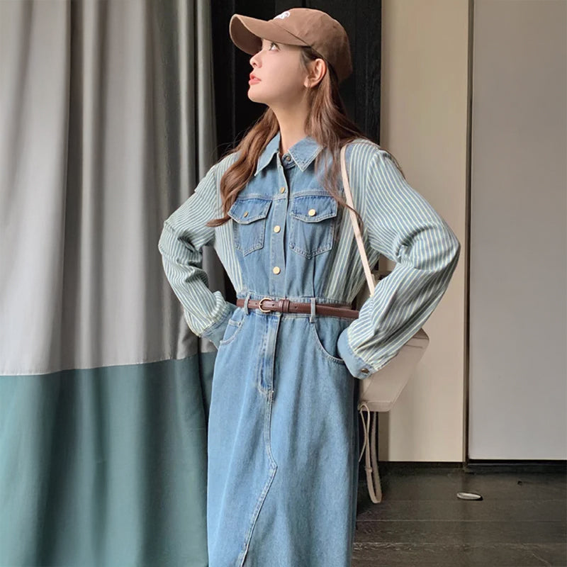 美品⁂センソユニコ⁂デニムロングワンピース　ジャンスカ　切替　ストライプ　フリル ストライプ切り替えデニムワンピース（青）秋 ポイントストライプで