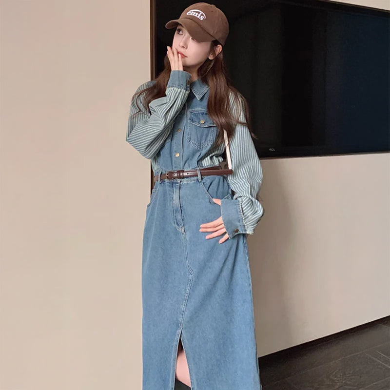 ストライプ切り替えデニムワンピース（青）秋 ポイントストライプで