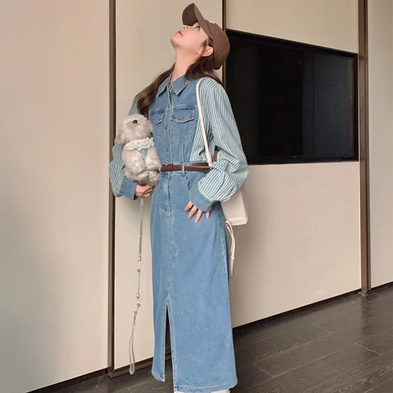 ストライプ切り替えデニムワンピース（青）秋 ポイントストライプで