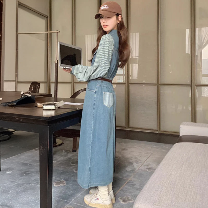 美品⁂センソユニコ⁂デニムロングワンピース　ジャンスカ　切替　ストライプ　フリル ストライプ切り替えデニムワンピース（青）秋 ポイントストライプで