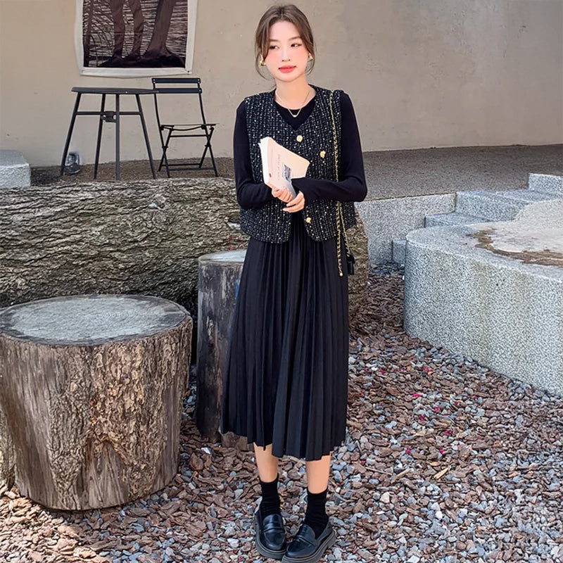 ツイードベスト×プリーツスカートワンピース(2colors)