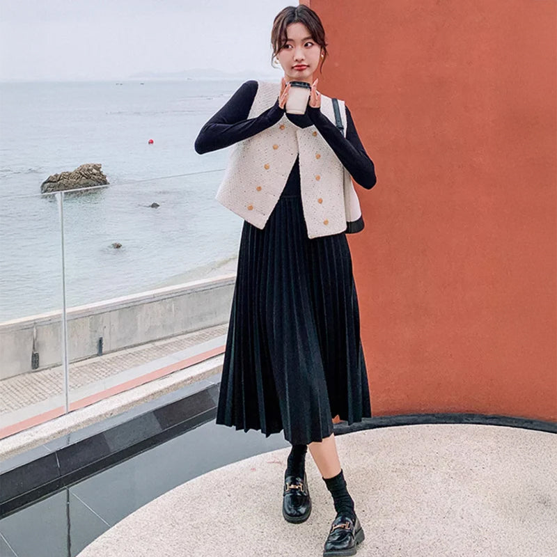 ツイードベスト×プリーツスカートワンピース(2colors)